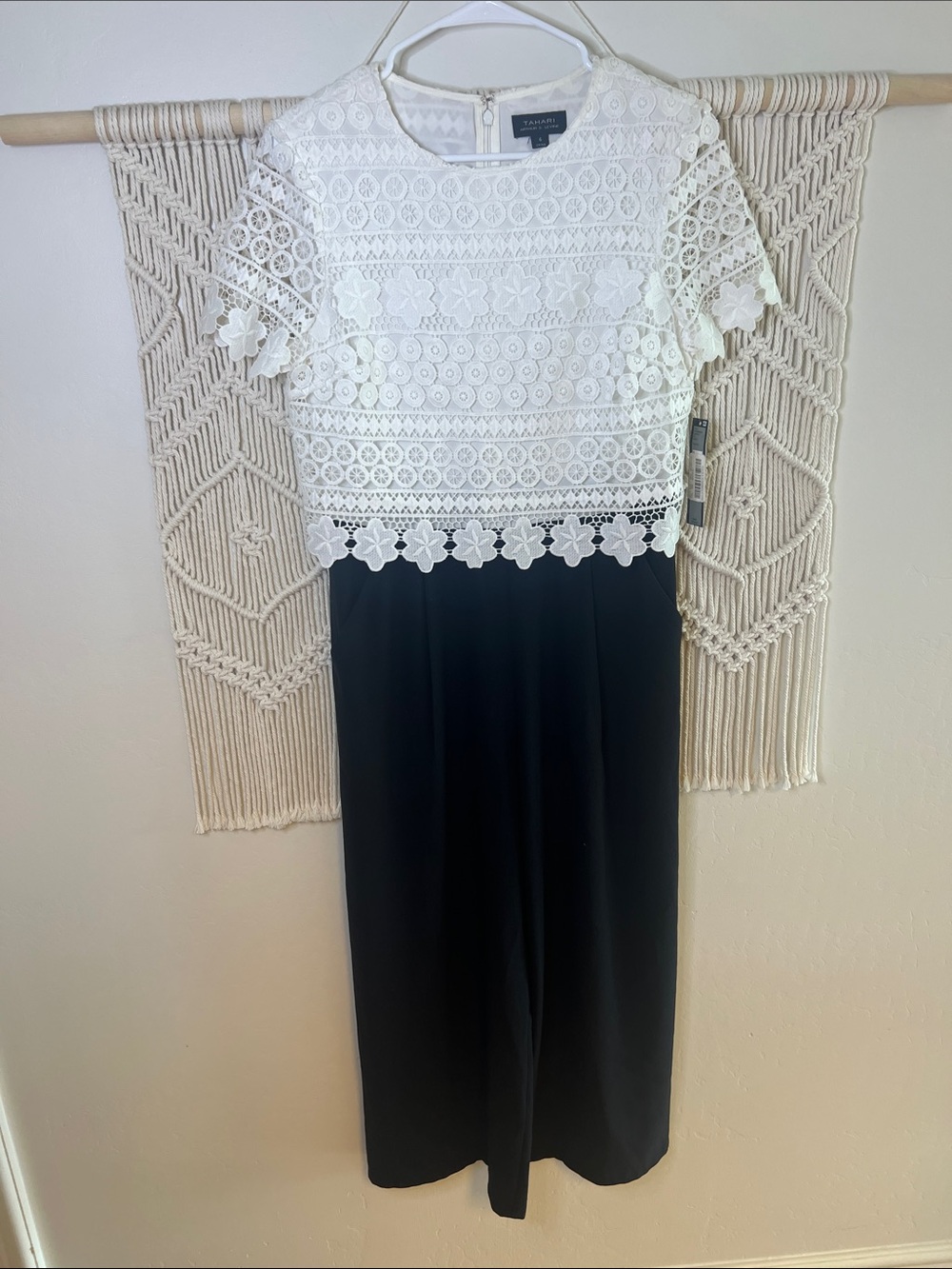 Tahari White Crochet Bodice Black Wide-Leg Jumpsuit
